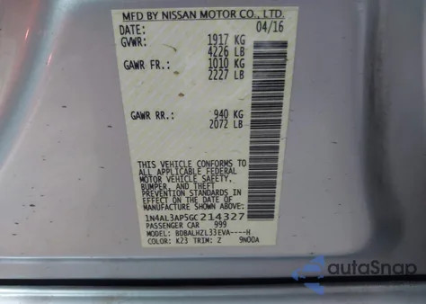 2016 Nissan Altima 2.5 Sr z USA, uszkodzony, nr VIN 1N4AL3AP5GC214327